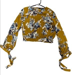 Forever 21 sheer floral cropped long sleeve top with ties